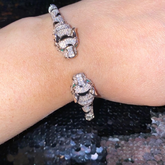 New Genevive Rhodium Plated Panther Fauna Bracelet with Striped Black Inlaid - Picture 2 of 6